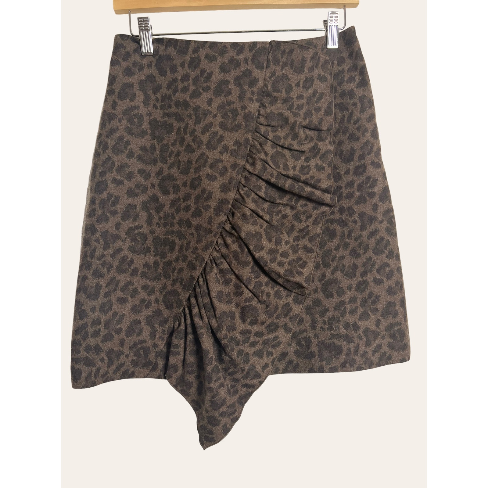 Rebecca Taylor Leopard Animal Print Wool Asymmetrical Ruffle Mini Skirt Size 4